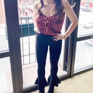 Floral red/orange and Black Ruffle Bodysuit